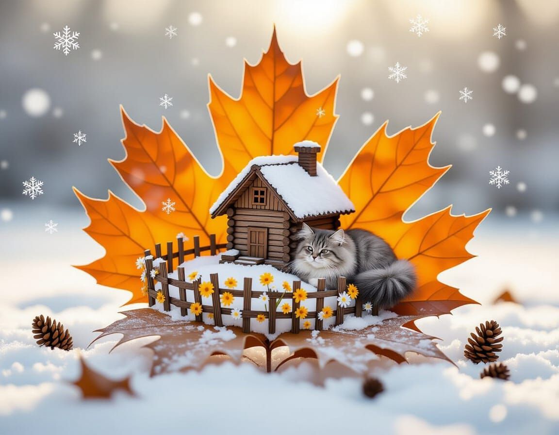 Autumn Oak Leaf Micro-World with Cat and Log House