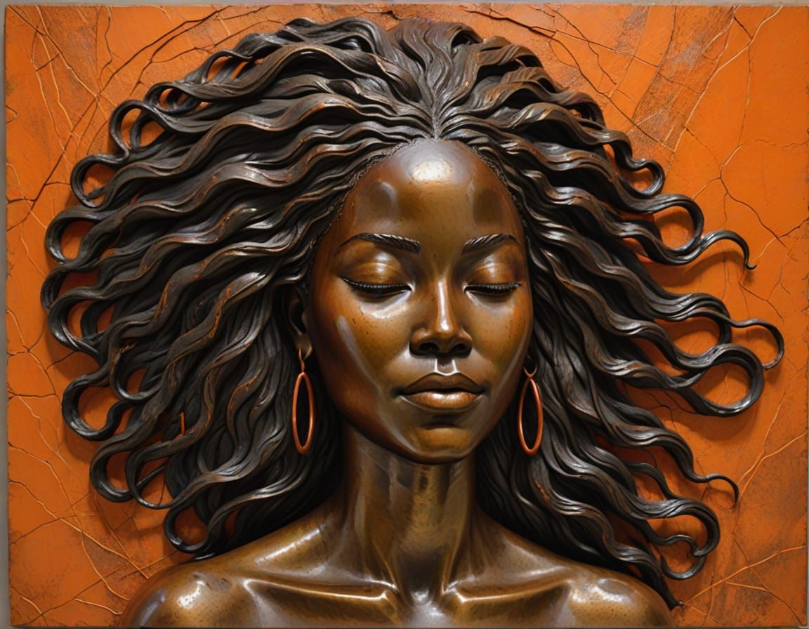 Bronze relief sculpture of a serene black woman's face with flowing hair, eyes closed, set against a textured background...