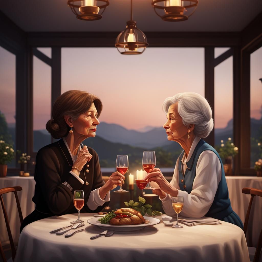Romantic Dinner: Two Women in Acrylic Art Style