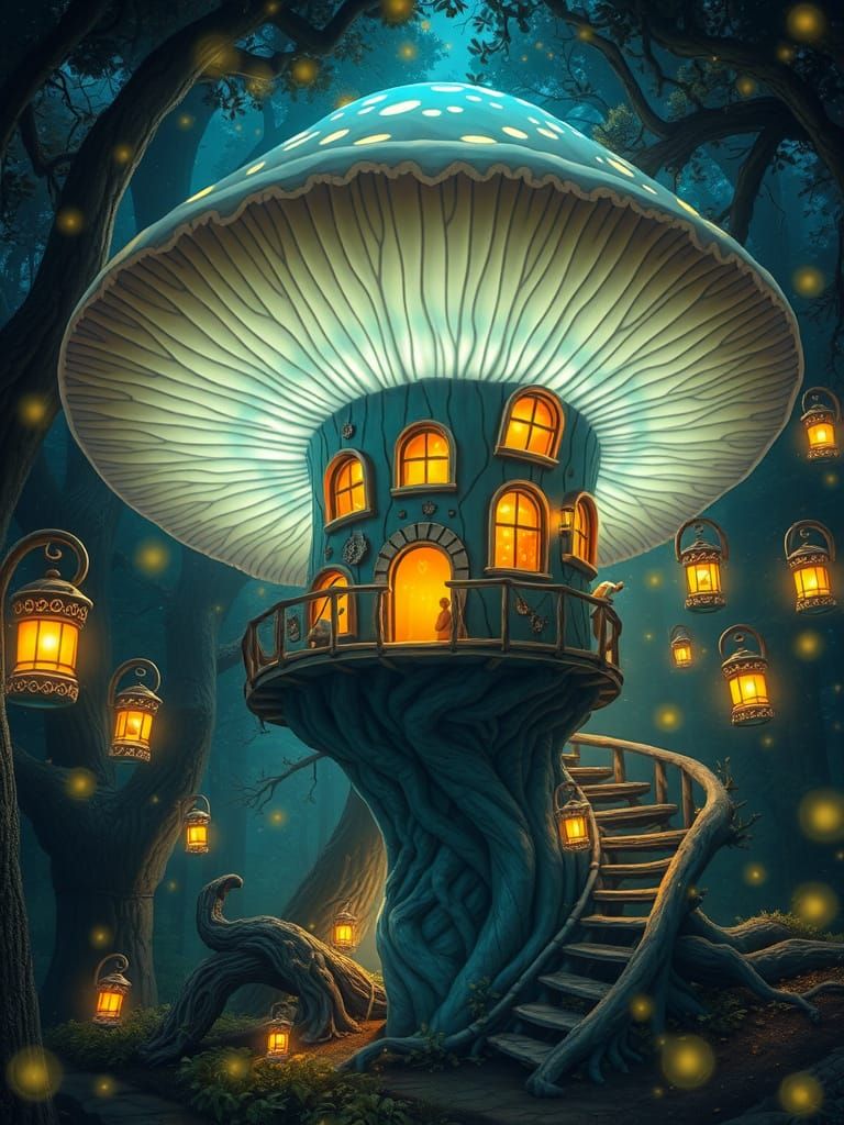 Whimsical Mushroom Treehouse in Dreamlike Forest