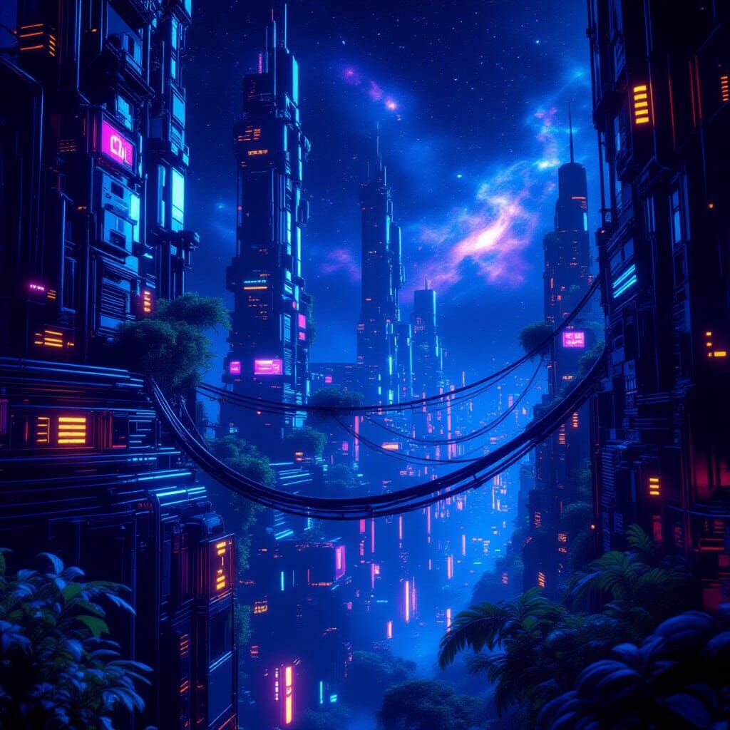 Bioluminescent Moon Cityscape: Glowing Cables and Flora