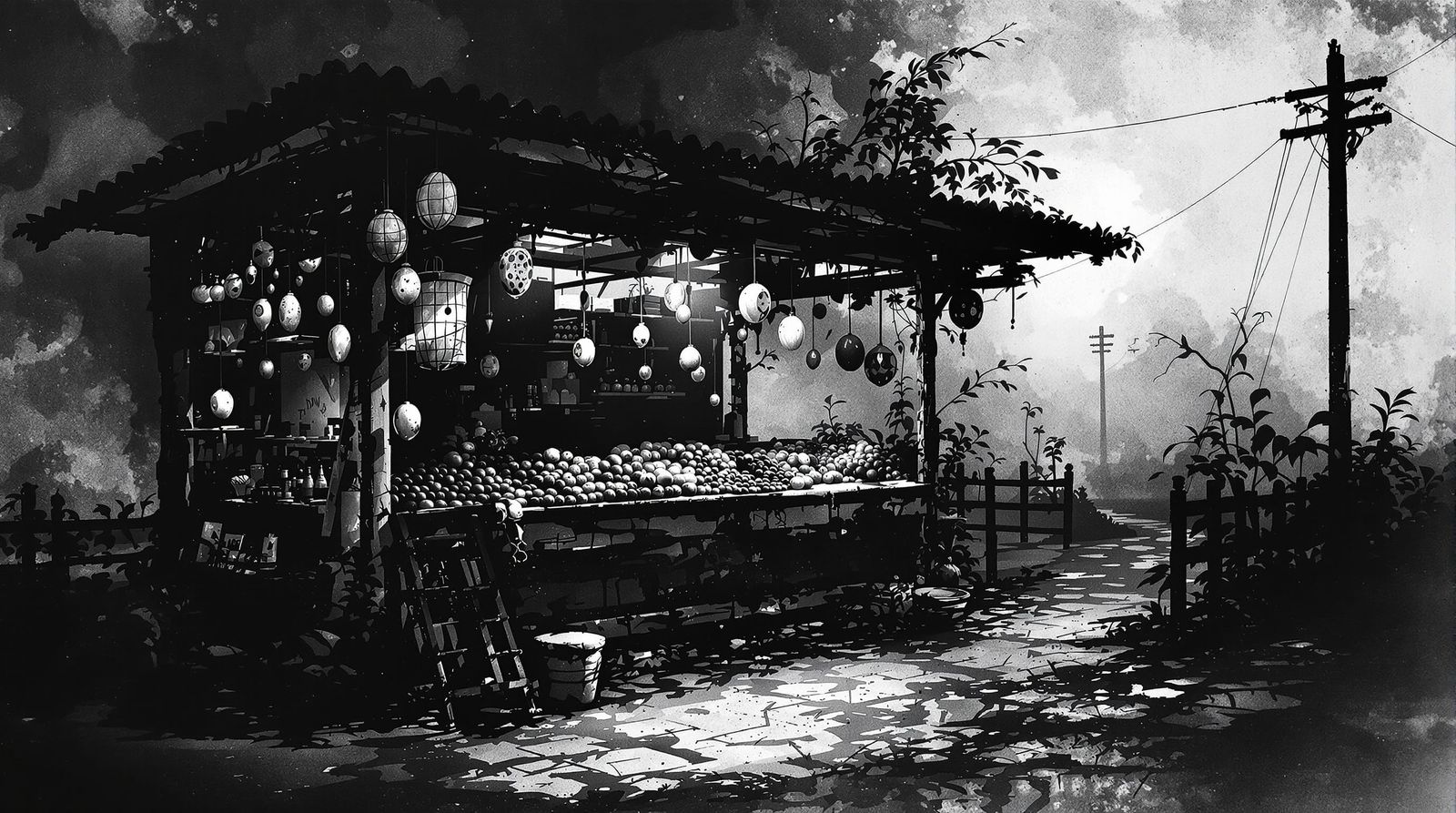 Surreal Fruit Stand Photo in Ink Painting Style