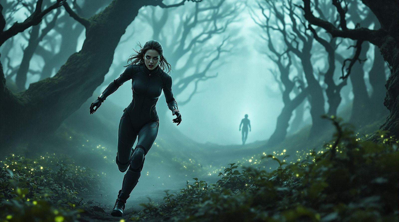 Young Woman Fleeing in High-Tech Attire Through a Haunting F...