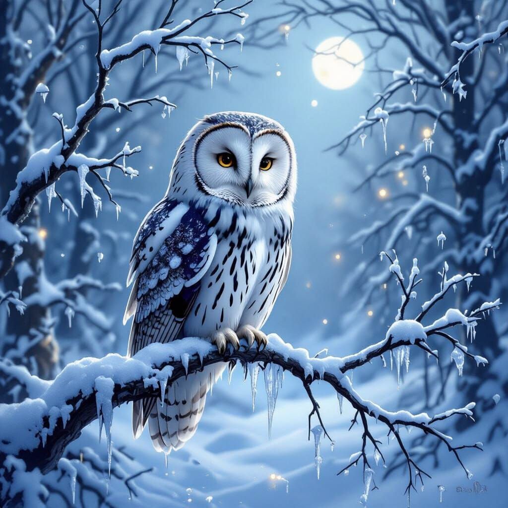 Majestic Moonlit Owl on Snow Branch in Enchanted Forest