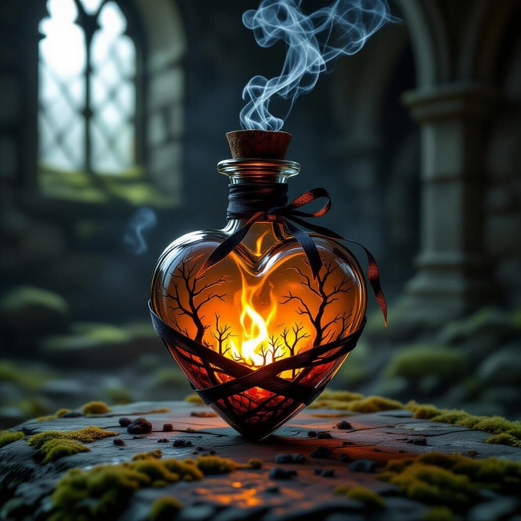 Haunting Ember Heart Vial in Realistic Oil Paint Style