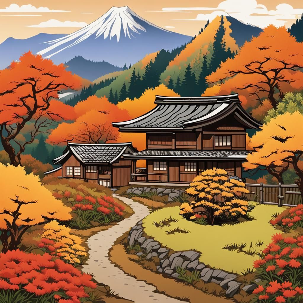 Autumn Mountain Landscape in Japanese Ink Wash Style