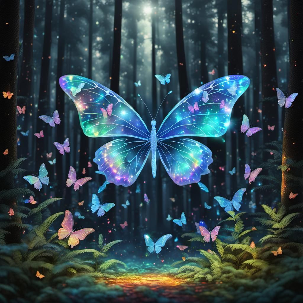 Whimsical Forest Scene with Shimmering Holographic Butterfli...