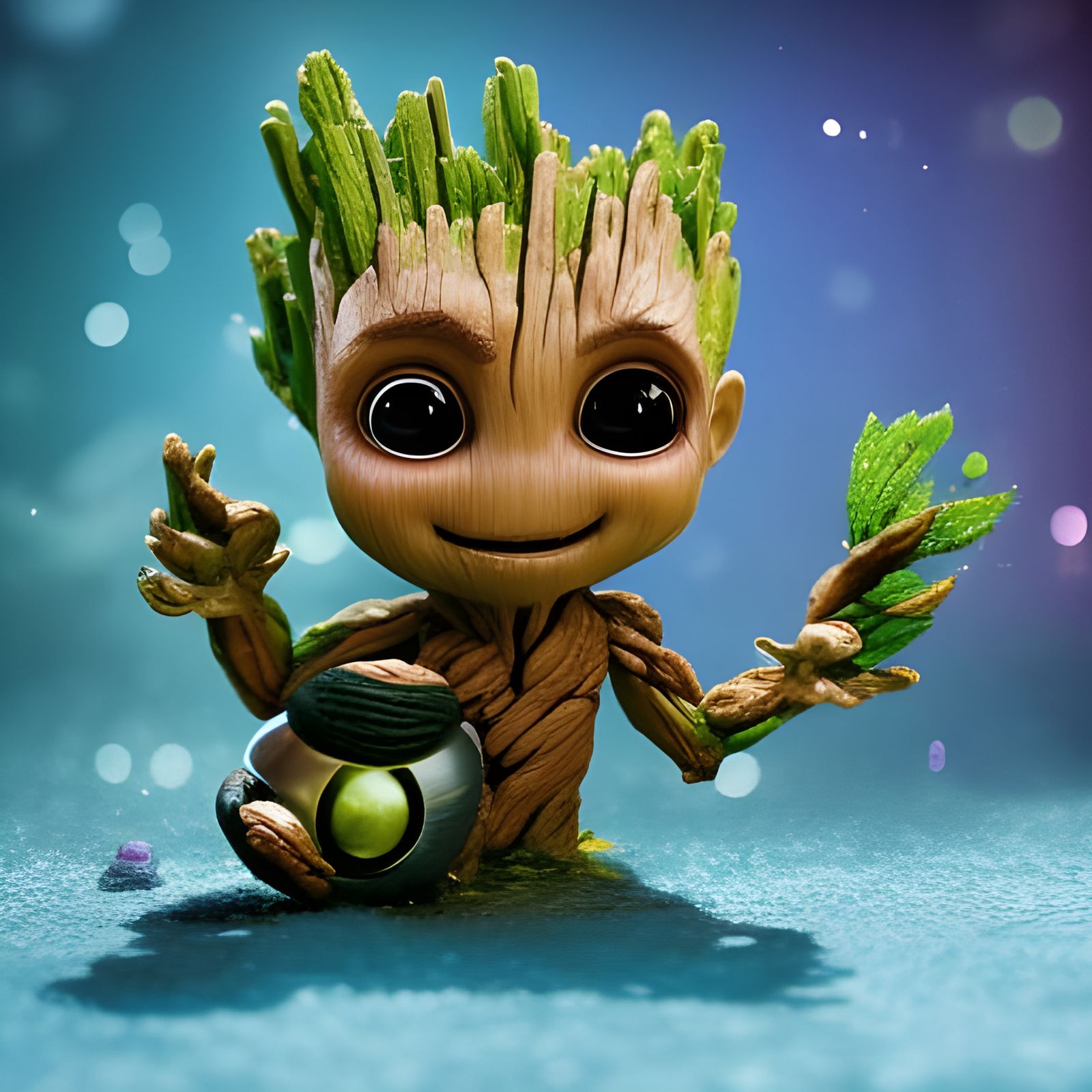 Adorable Chibi Groot with Sparks in Detailed Style