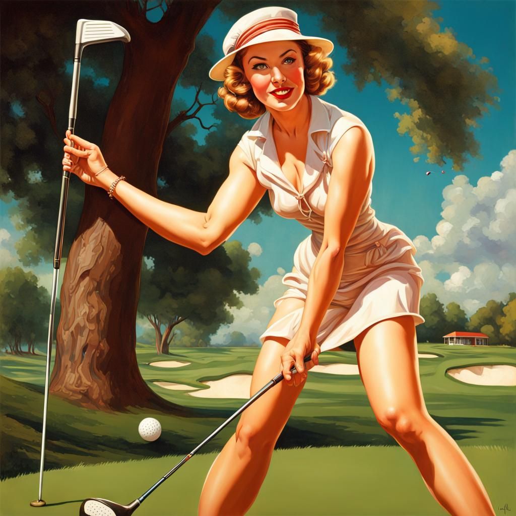 Vintage Pin-Up Girl Golfing in Hyperrealistic Style