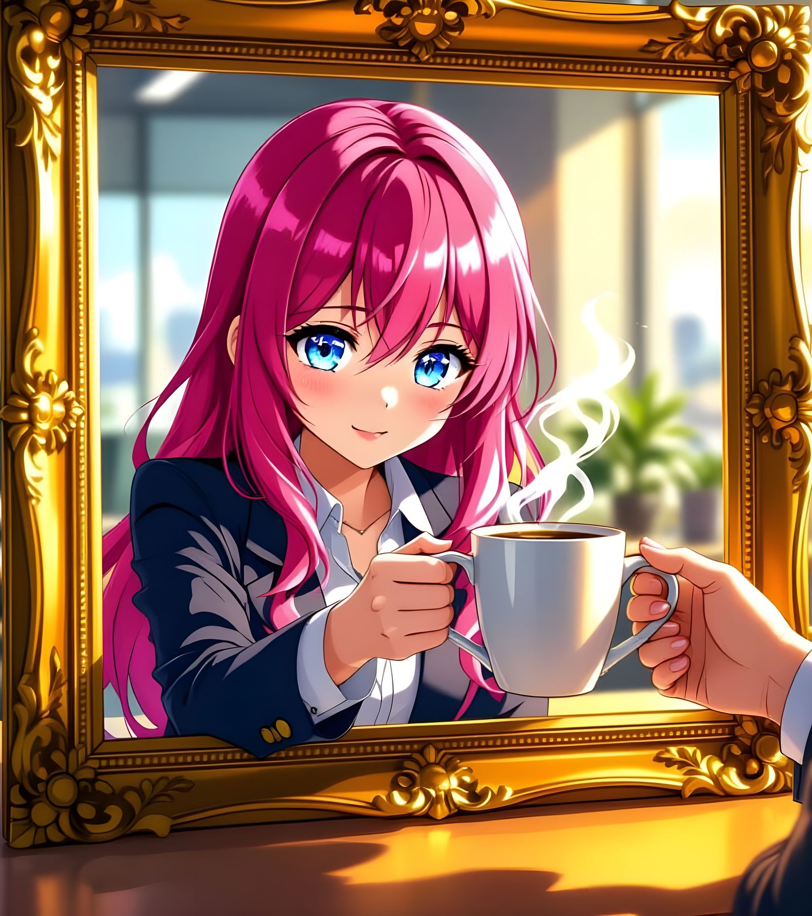 Anime Character Emerges From Portrait With Coffee