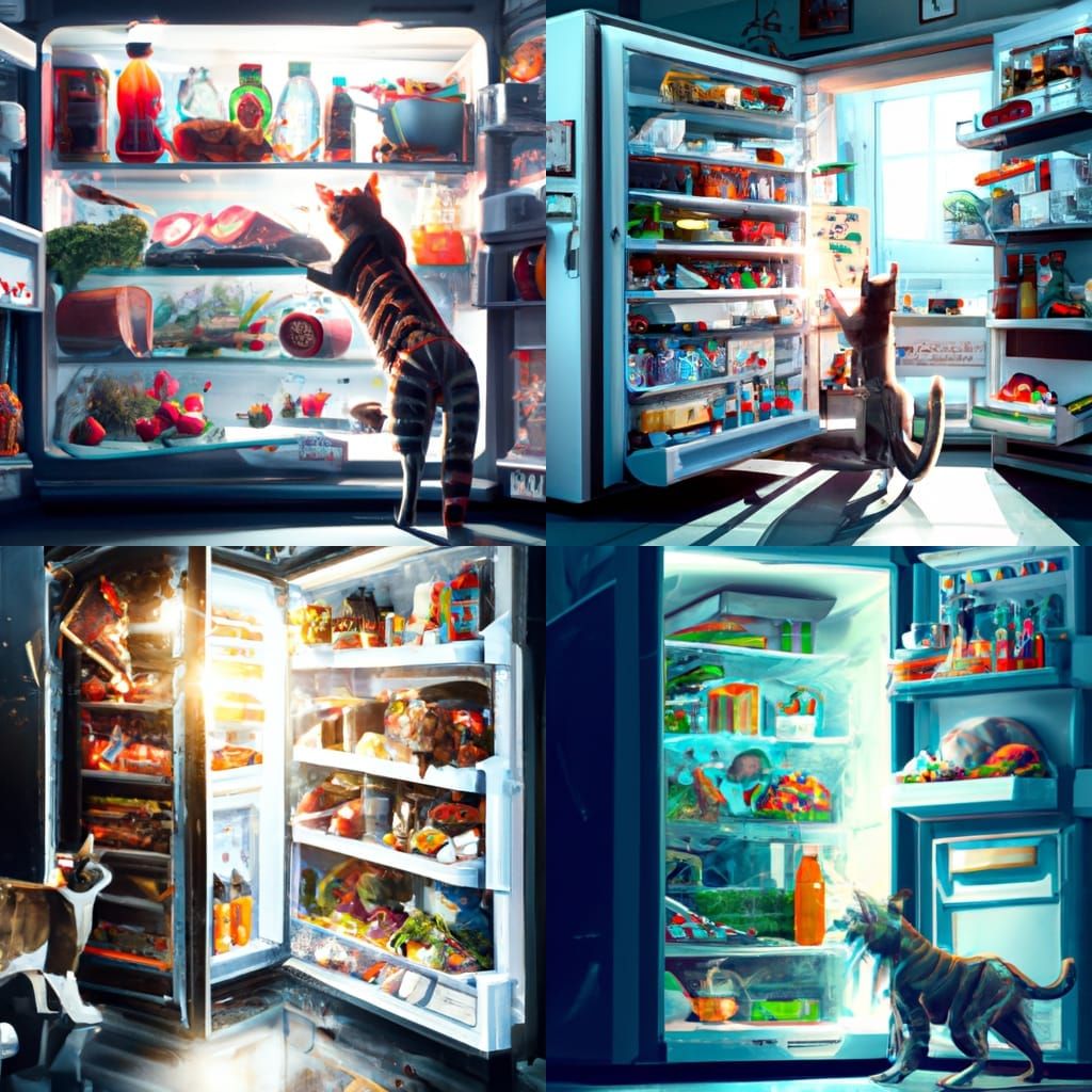 Cat open refrigerator and steal food. Beautiful epic HD high quality intricate hyperdetailed elaborate ethereal masterpi...