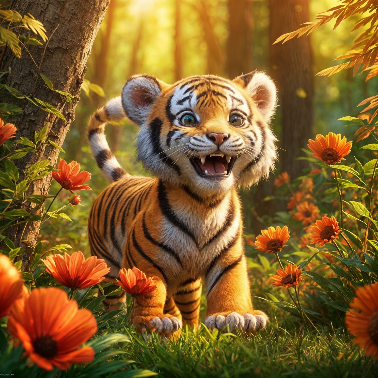 Happy Tiger Cub in Forest: Pixar-Style 3D Art