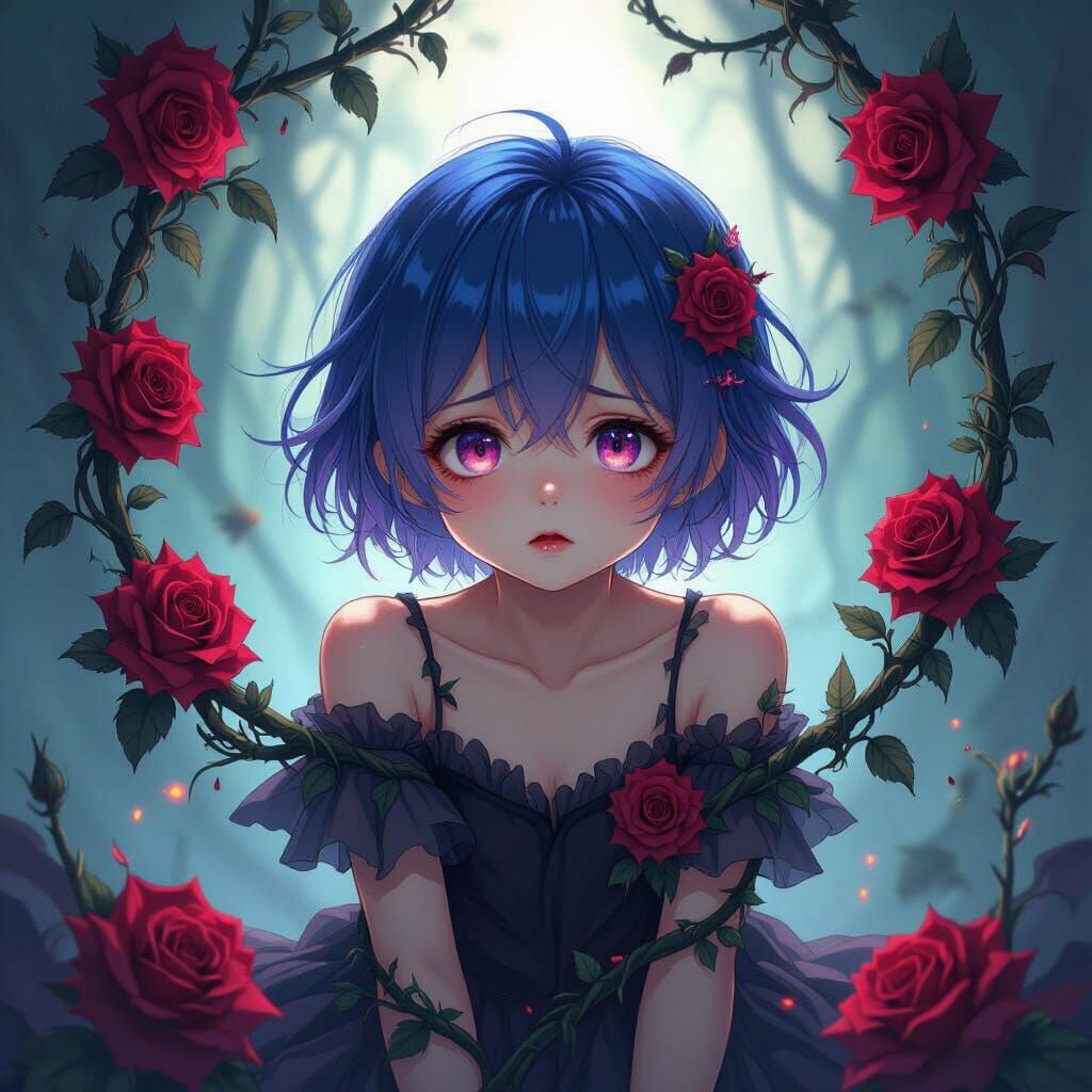 Fallen Angel Child with Roses and Vines