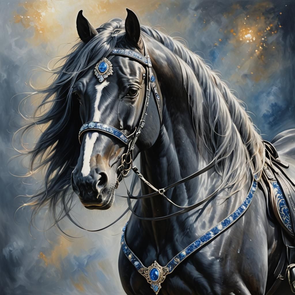 Black Horse with Sapphire Jewels in Dutch Masters Style