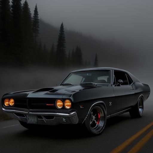 Muscle Car on Foggy Mountain Road at Night