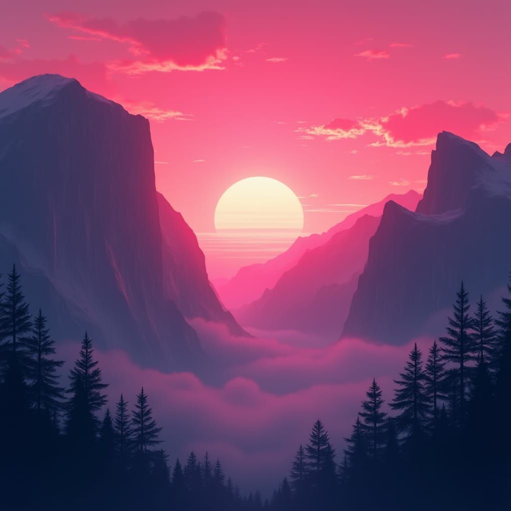 Pink Sunset Over Misty Mountains: Matte Painting