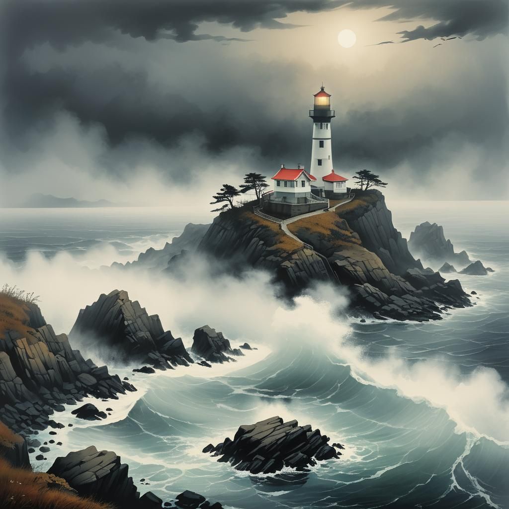 Eerie Lighthouse in Heavy Fog, Shin Hanga Style