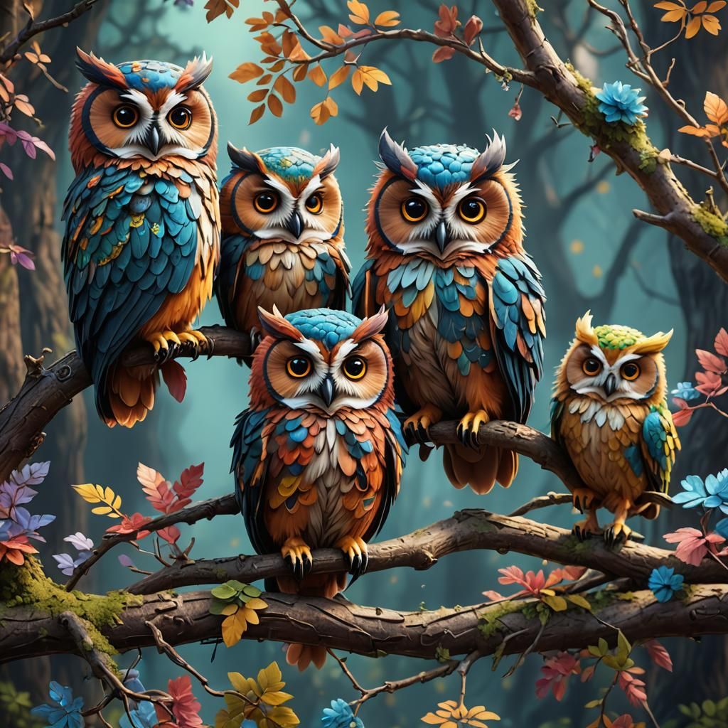 Colorful Fluffy Owls on Branch: Detailed Matte Painting