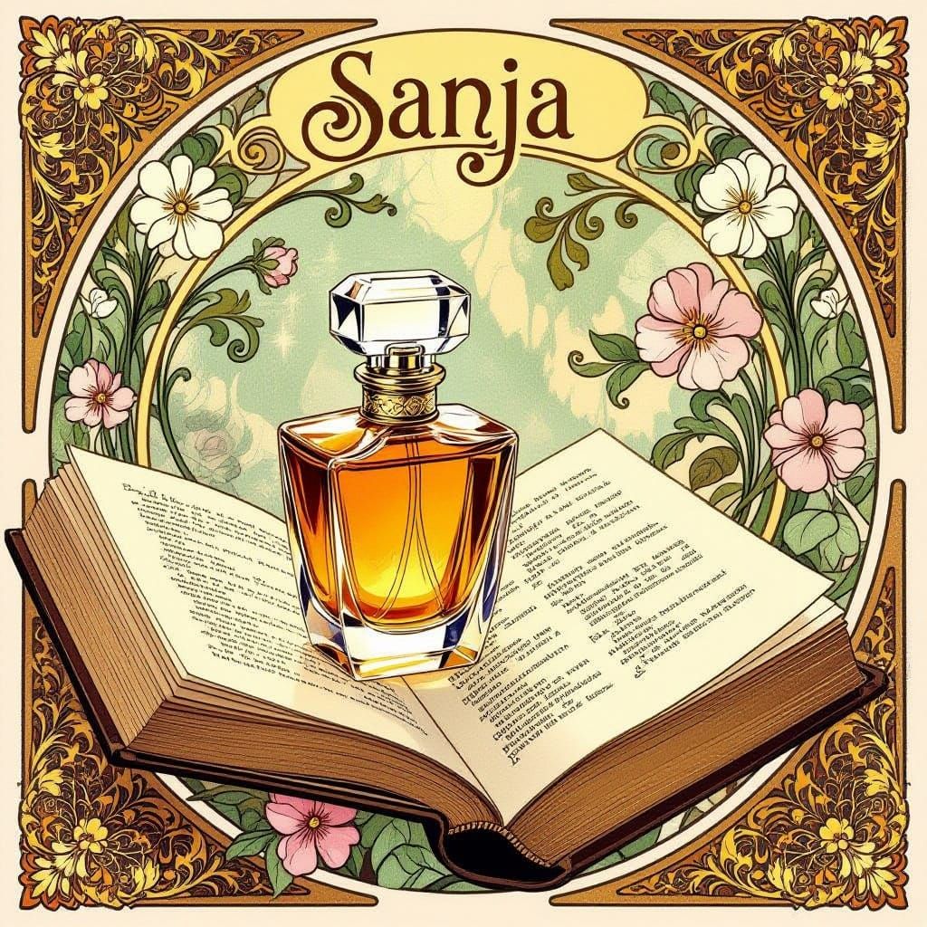 Gilded Art Nouveau Illustration of Perfume and Book