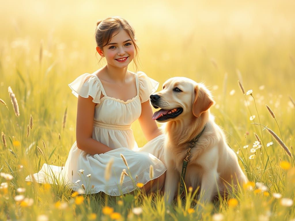 Young Woman and Her Loyal Companion in a Whimsical Meadow Sc...