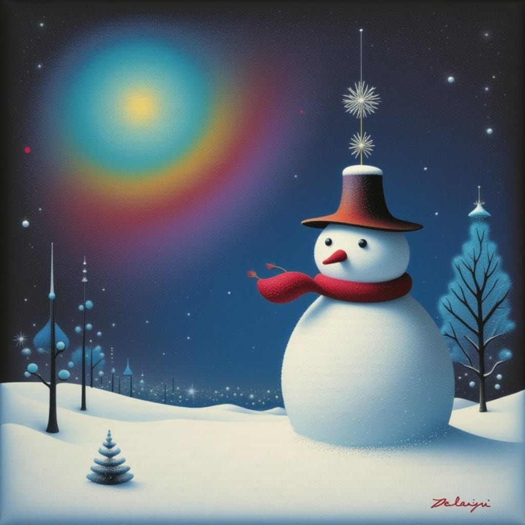 Whimsical Folk Art Snowman in Cosmic Winter Sky