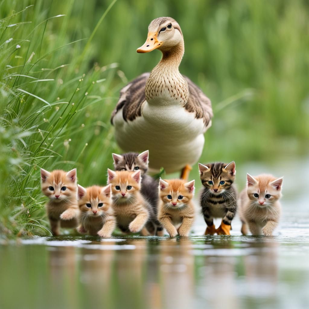 Duck Leading Kittens: A Whimsical Animal Scene