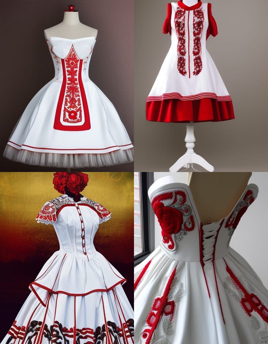 White dress with red embroidery.