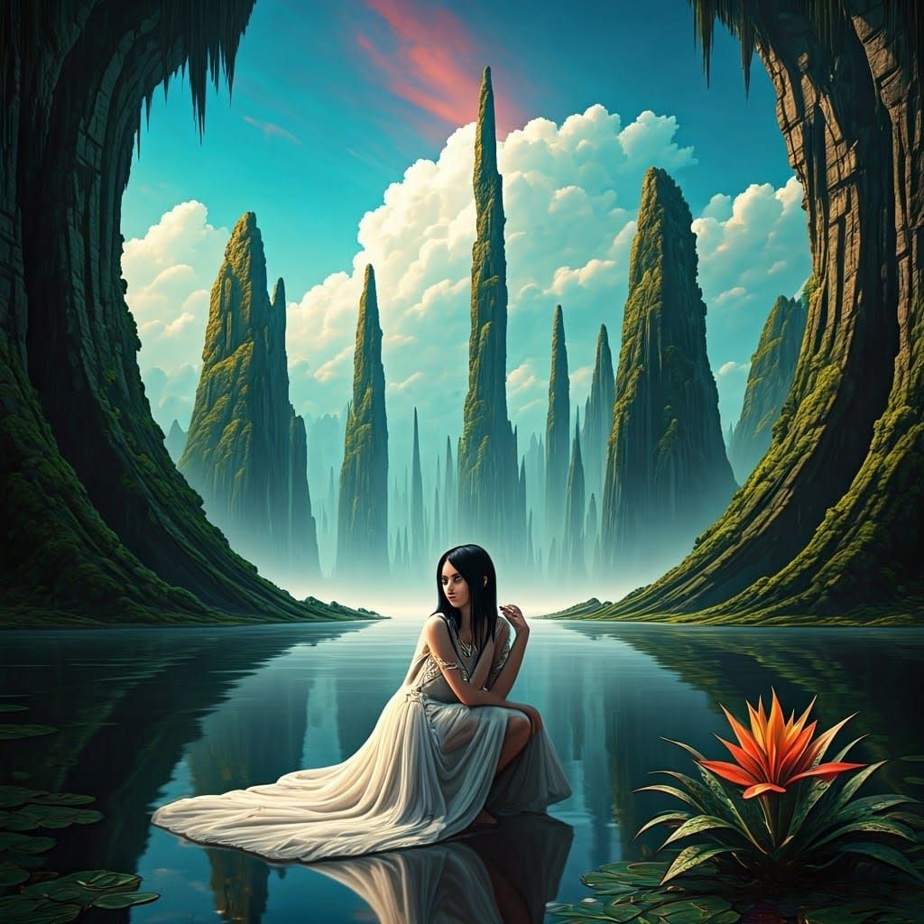 Serene Woman on Glassy Lake, in Pop Surrealist Style