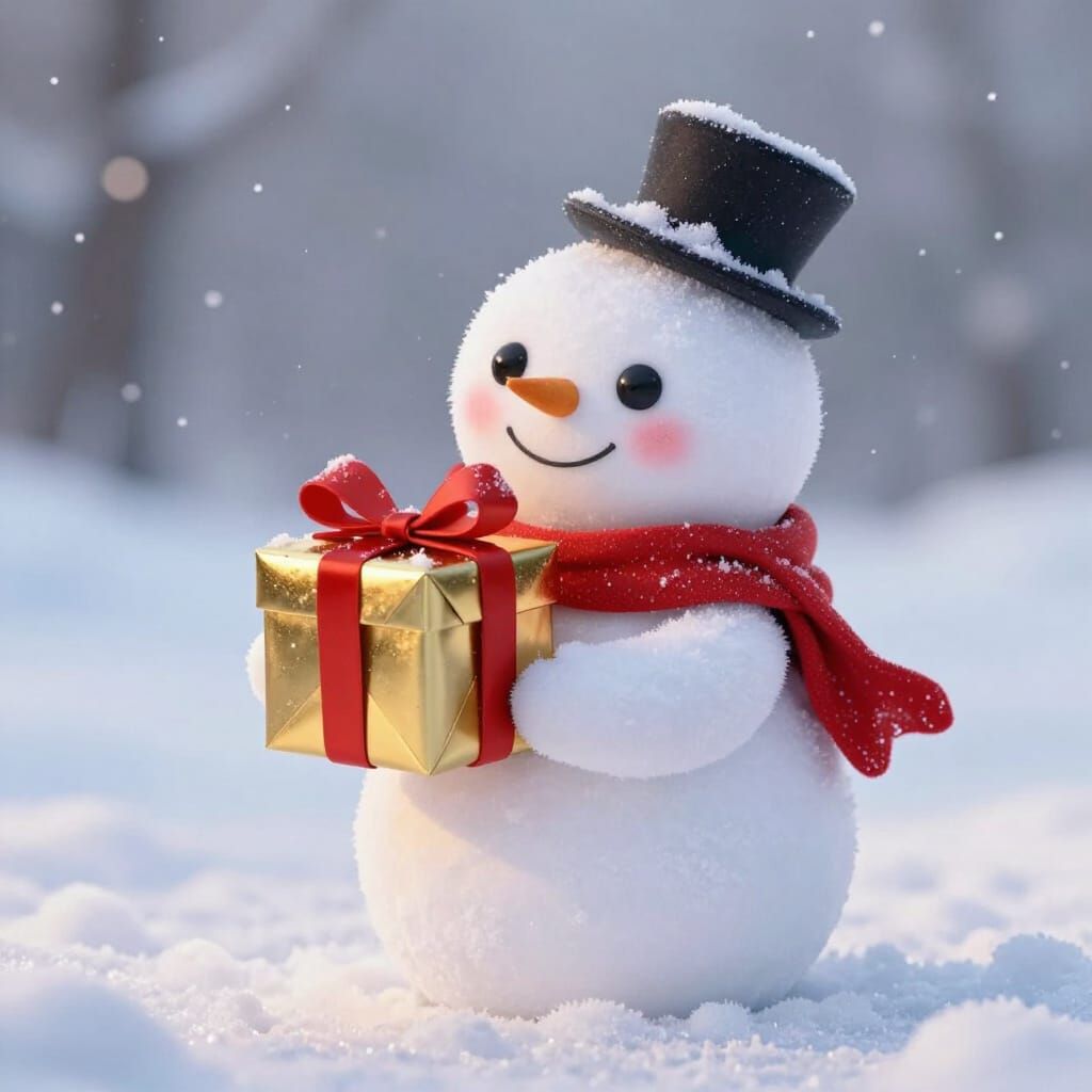 Charming Snowman Holds Glowing Gift in Whimsical Art Style