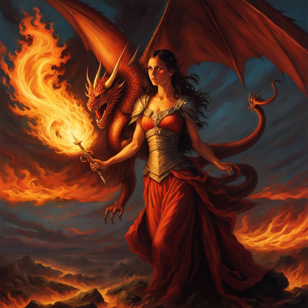 Dragon Girl in Burning Flight: A Horror Art Piece