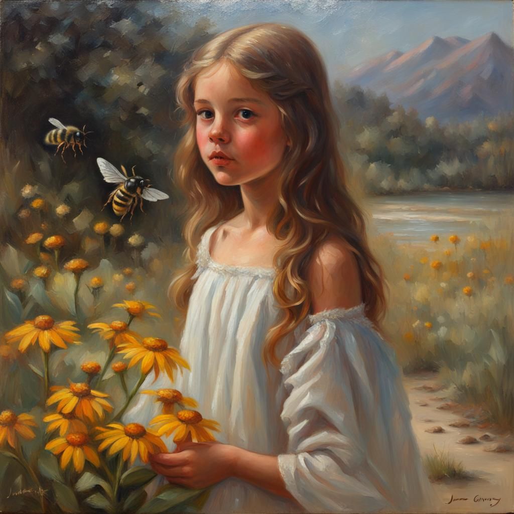 Girl Holding Flower with Bee, Oil Painting