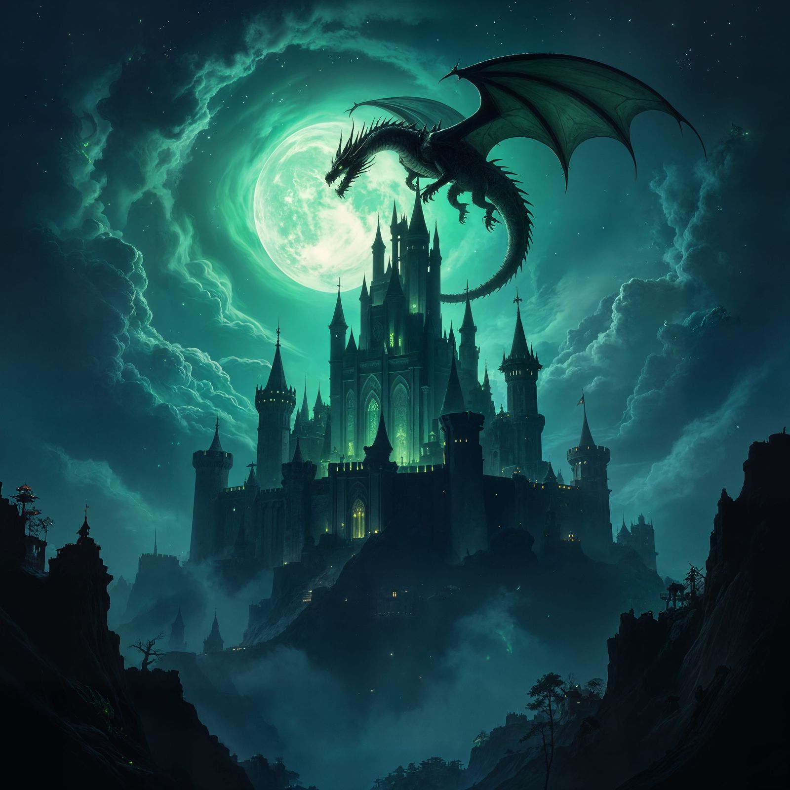 Ominous Fortress Under Dragon Sky in Dark Fantasy Art