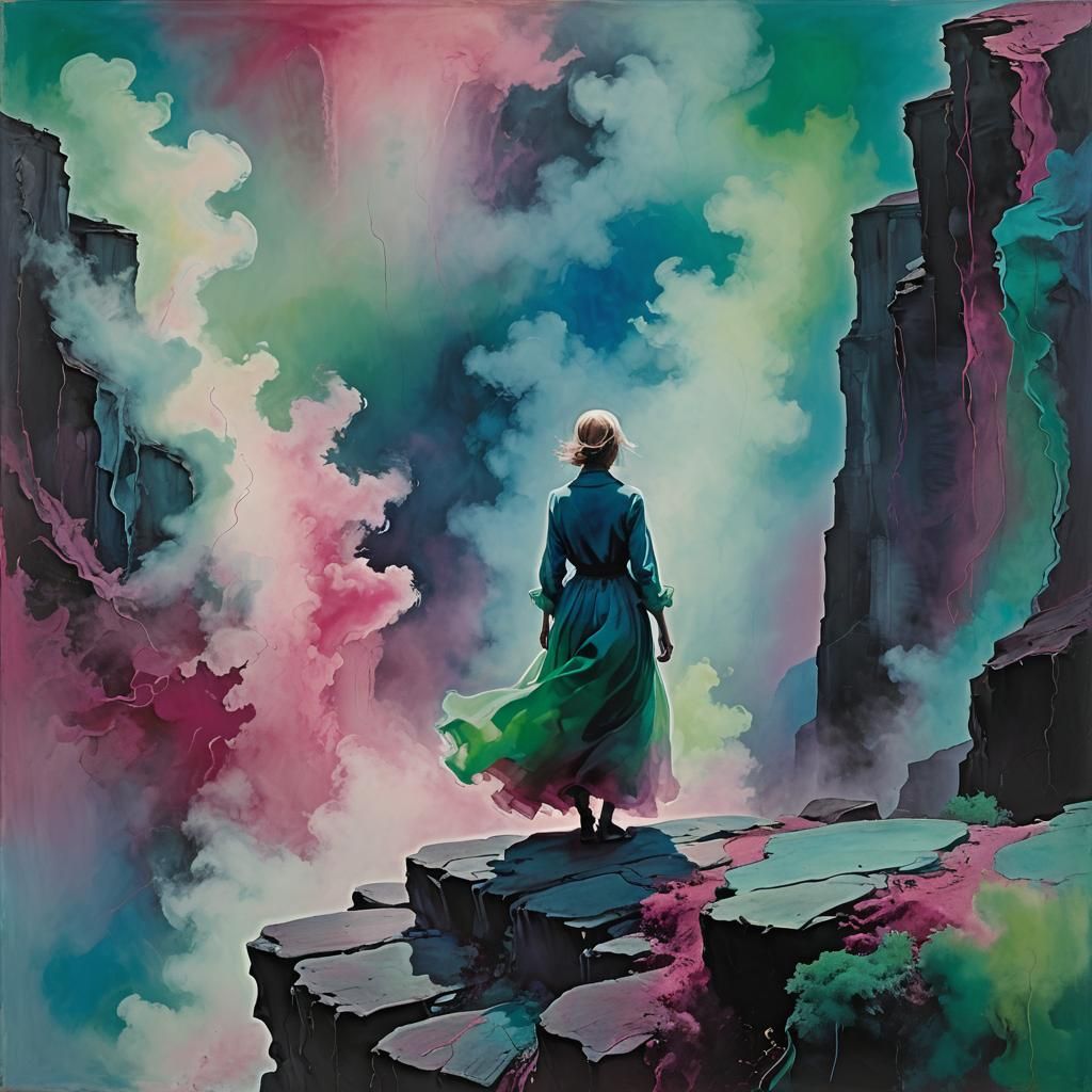 Spectral Woman on Cliff in Abstract Expressionism