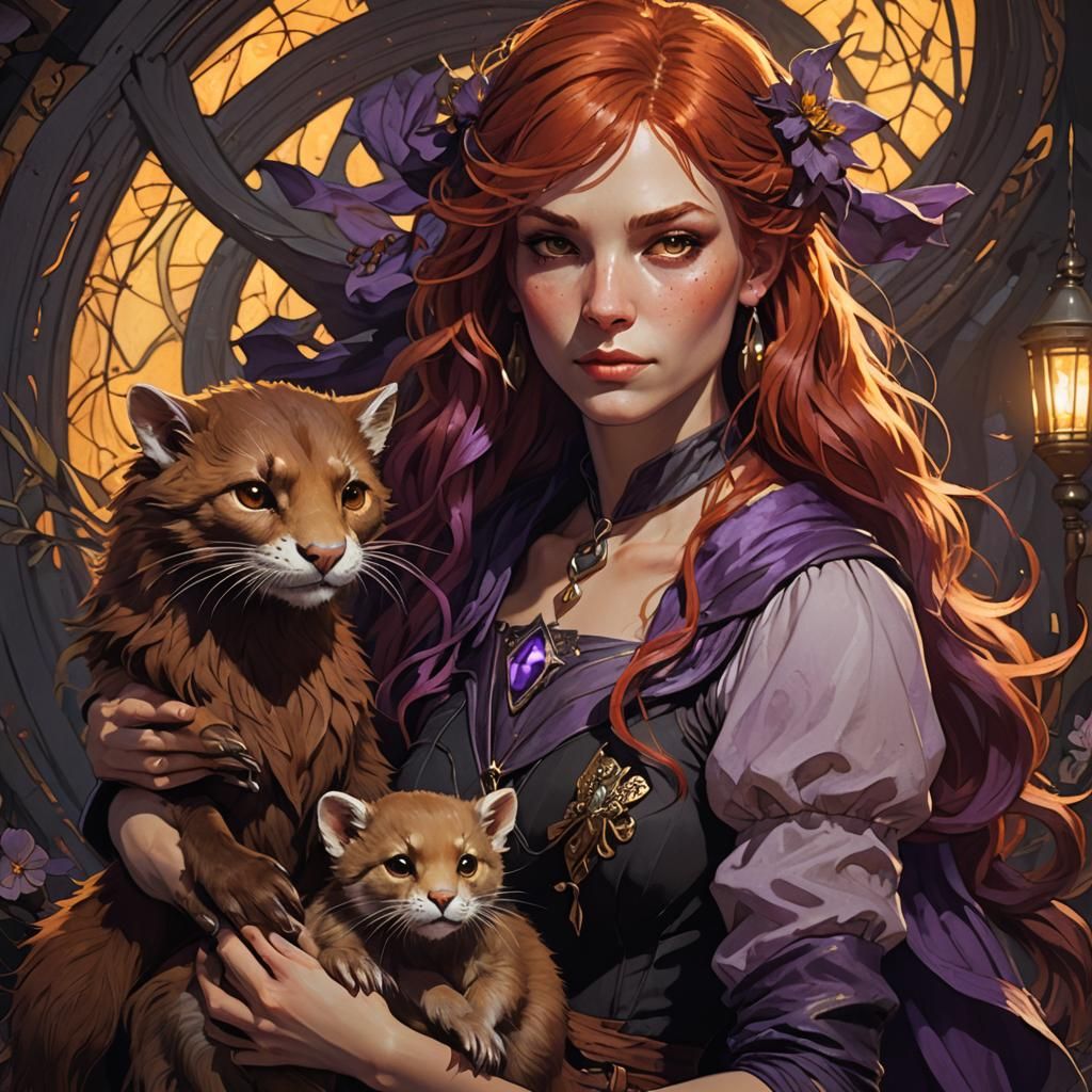 Redhead Witch with Otter Familiar in Dark Fantasy Art