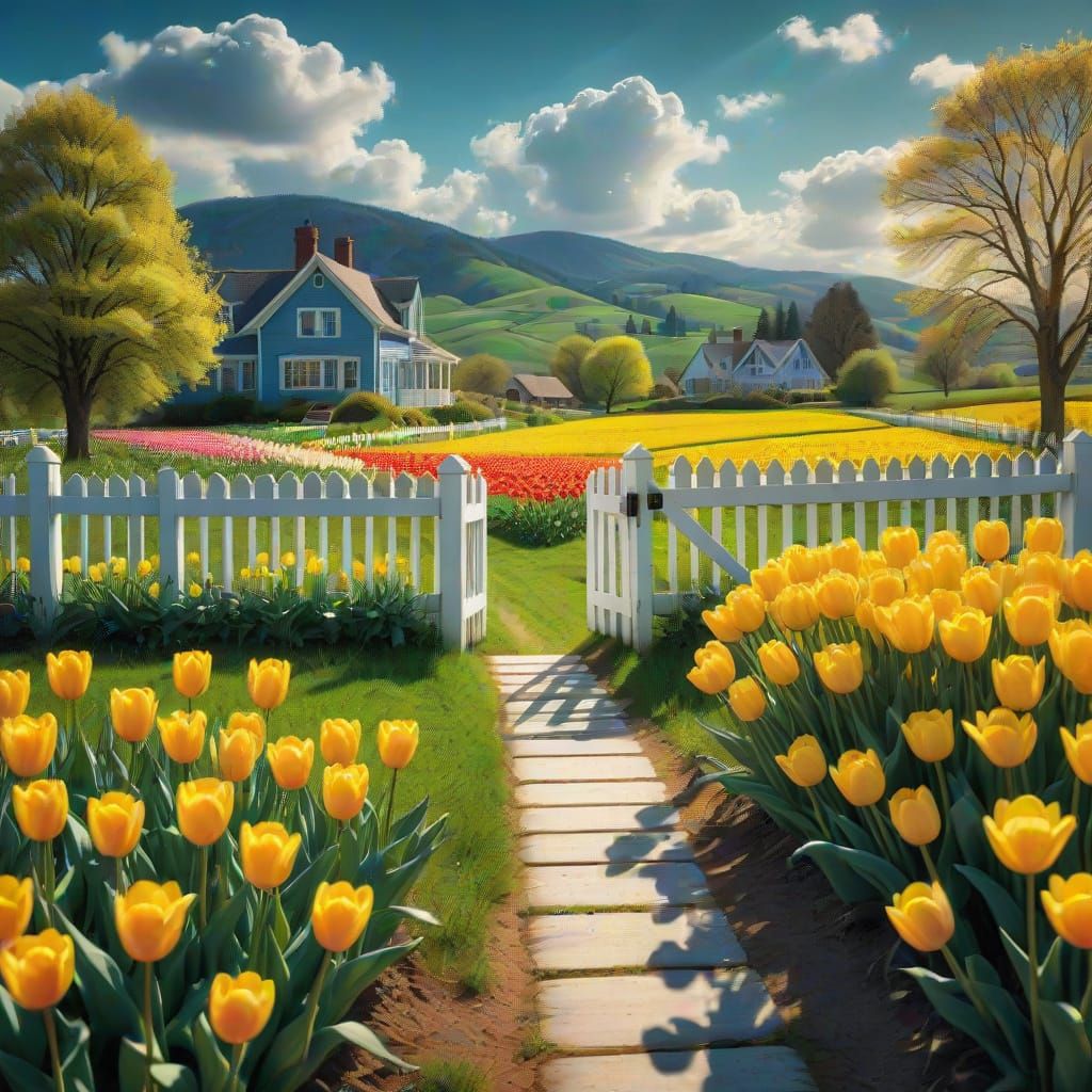 Thomas Kinkade-Inspired Fantasy Landscape with Vibrant Flowe...