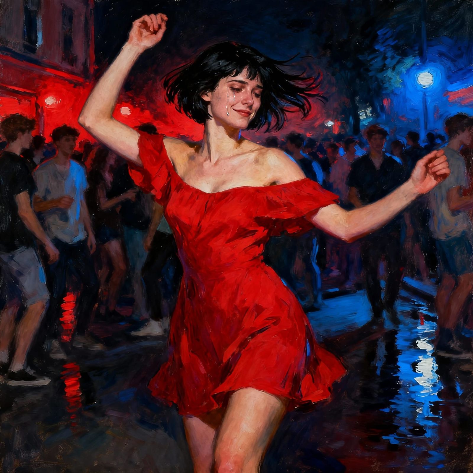 Melancholic Dancer in Red Dress, Oil Painting