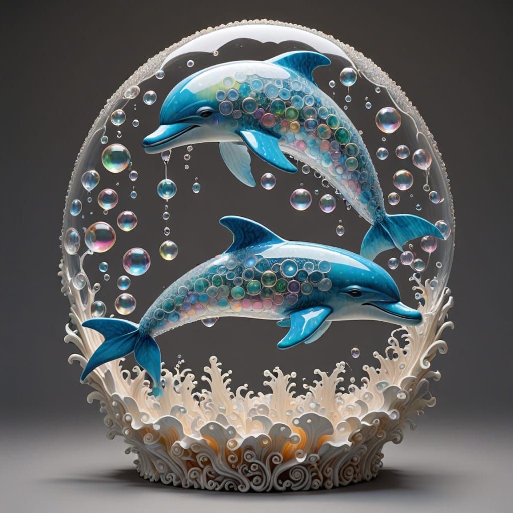 Weightless Dolphin in Whimsical Soap Bubble Scene