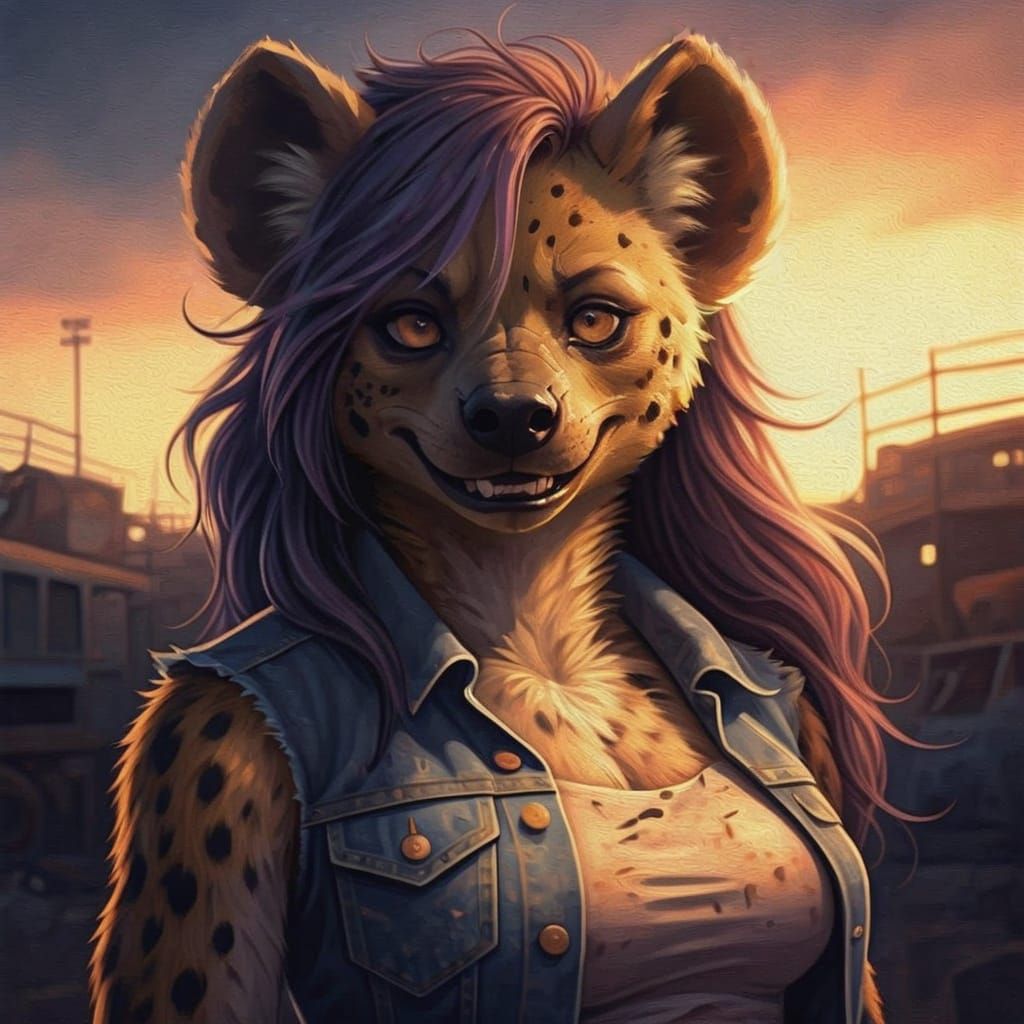 Sultry She-Hyena Unveils Alluring Smile in Junkyard
