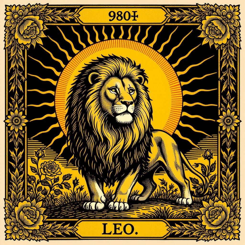 Leo Tarot Card Engraving with Radiant Sun