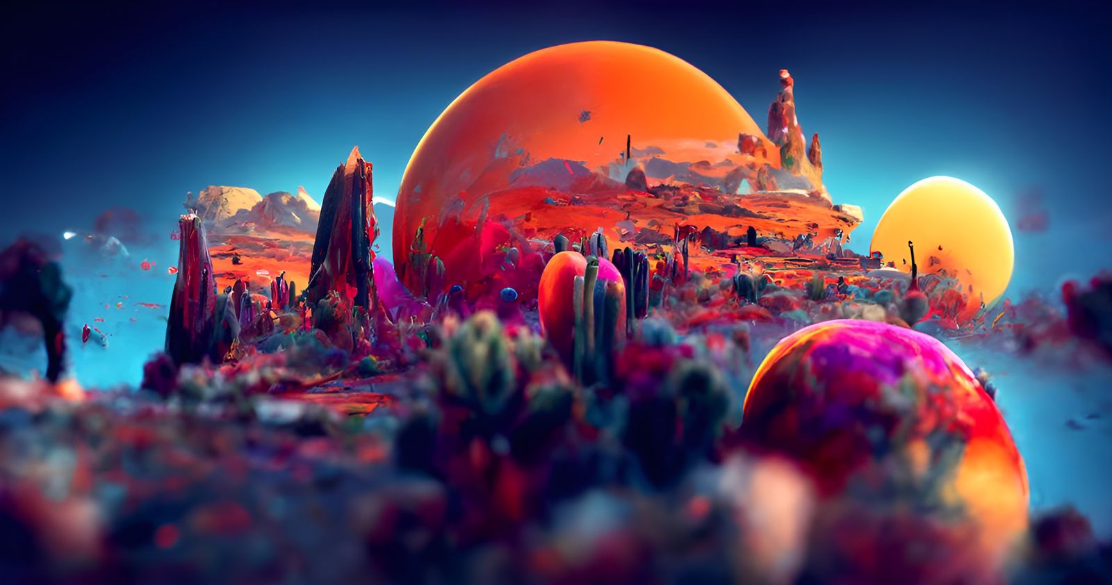Colorful Desert Landscape with Planetary Sky