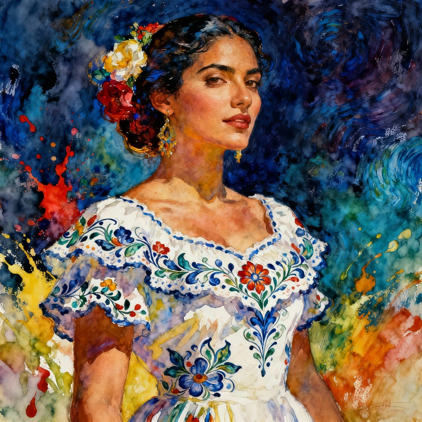 Elegant Mexican Woman Portrait in Talavera Style