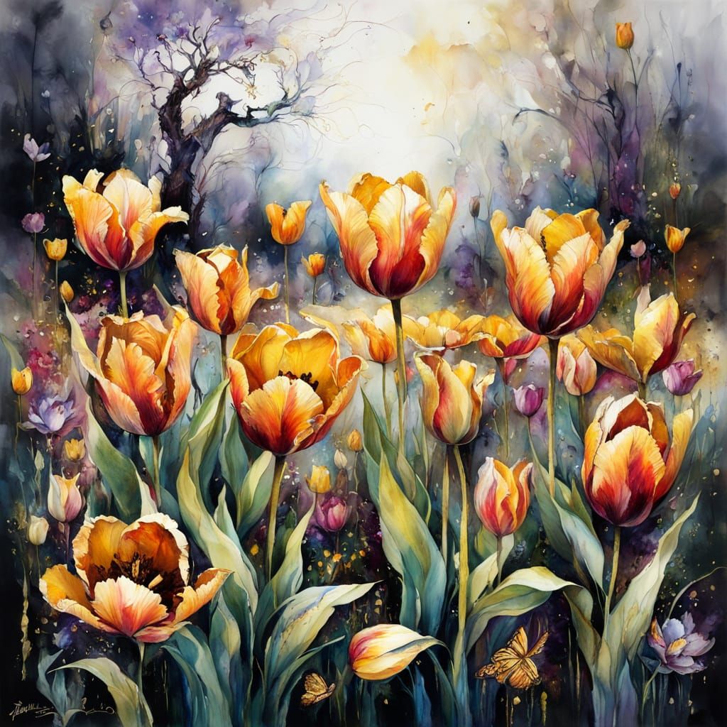 Tulips in Spring Garden with Alcohol Inks and Bokeh