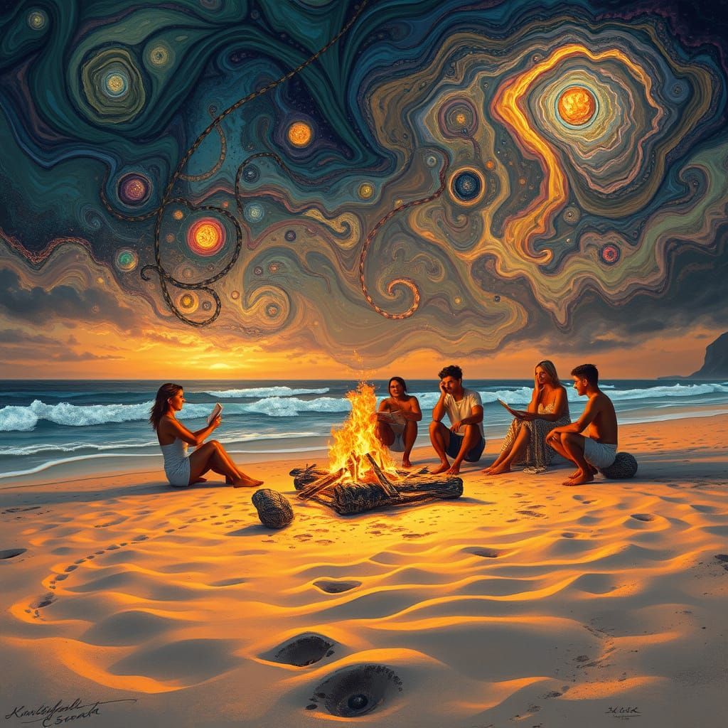 Beach Bonfire Under Psychedelic Sky in 8K