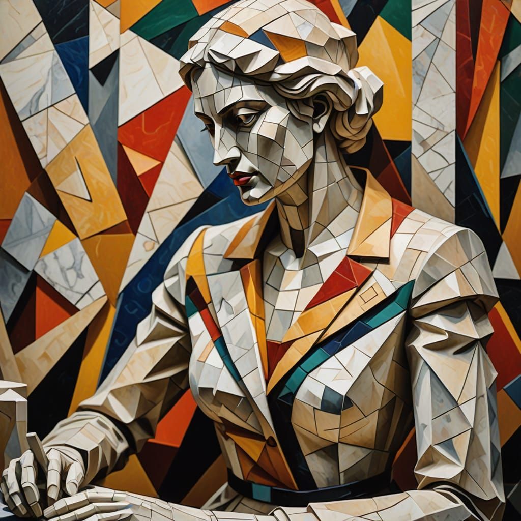 Sculptor Carving Marble Statue in Cubist Style