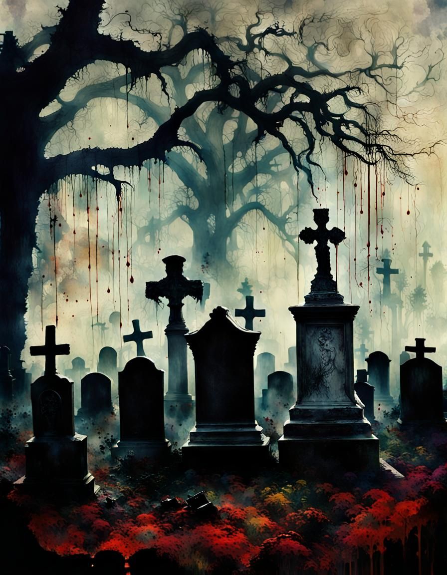 Double Exposure Cemetery with Creepy Figure in Surreal Horro...