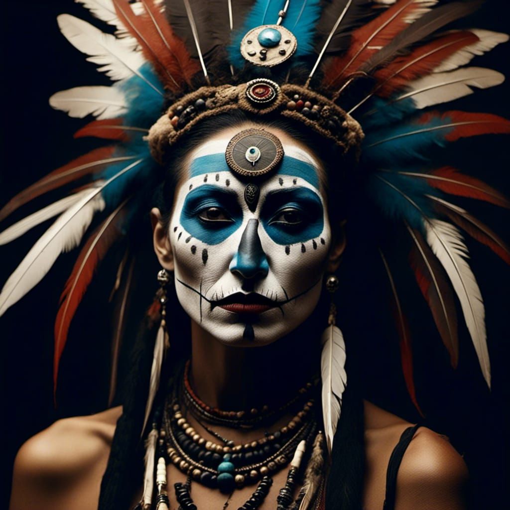 Creepy Voodoo Priestess with Macabre Staff in Surreal Style