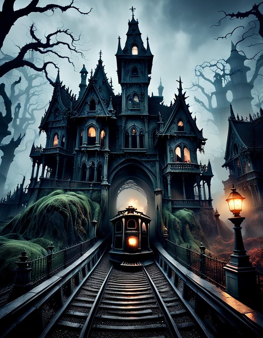 Haunted House Rollercoaster Adventure in Dystopian Style