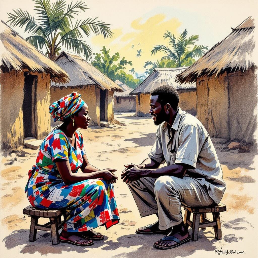African Parents Discussing in Village Compound Charcoal Sket...