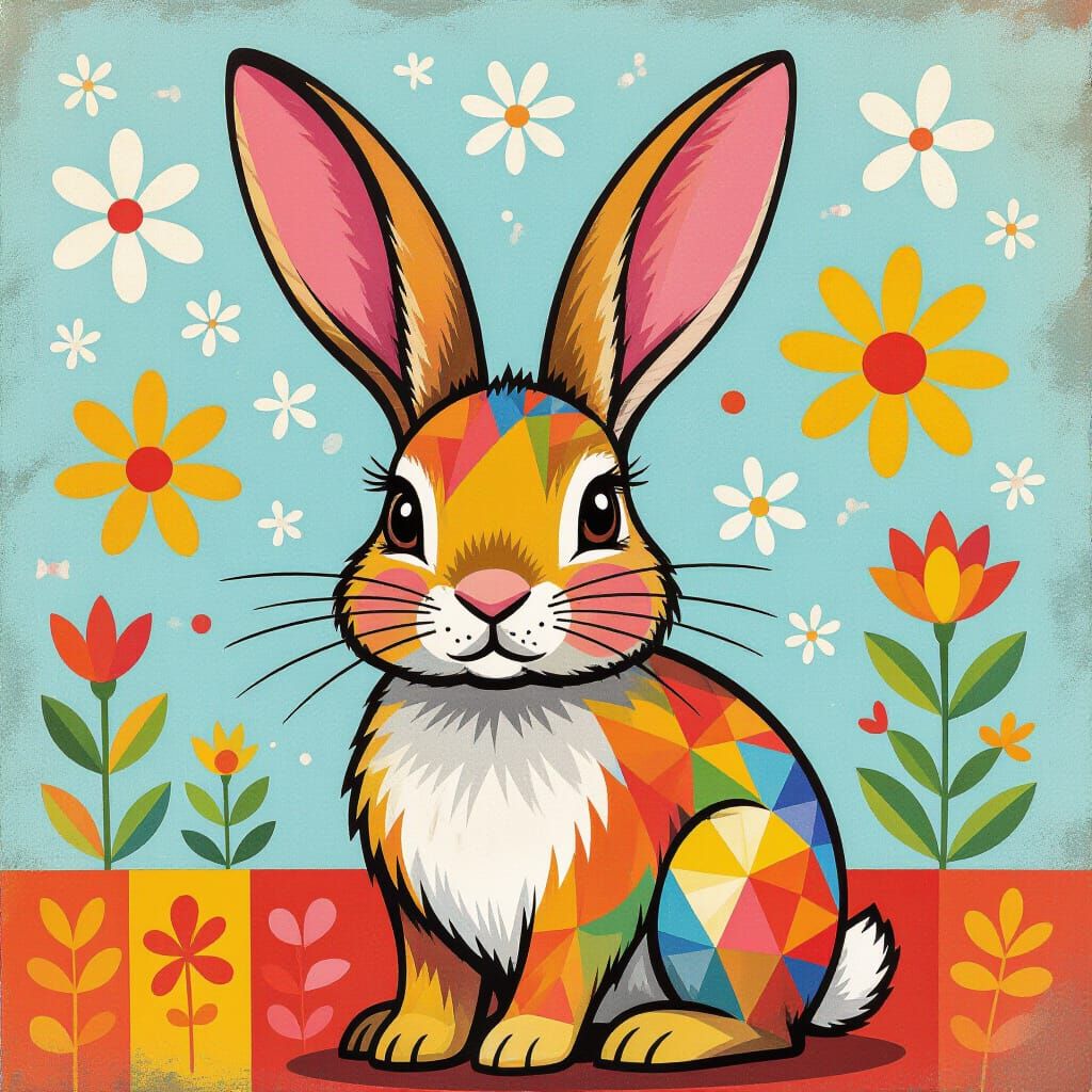 Stylized Rabbit Portrait in Folk Art Patterns
