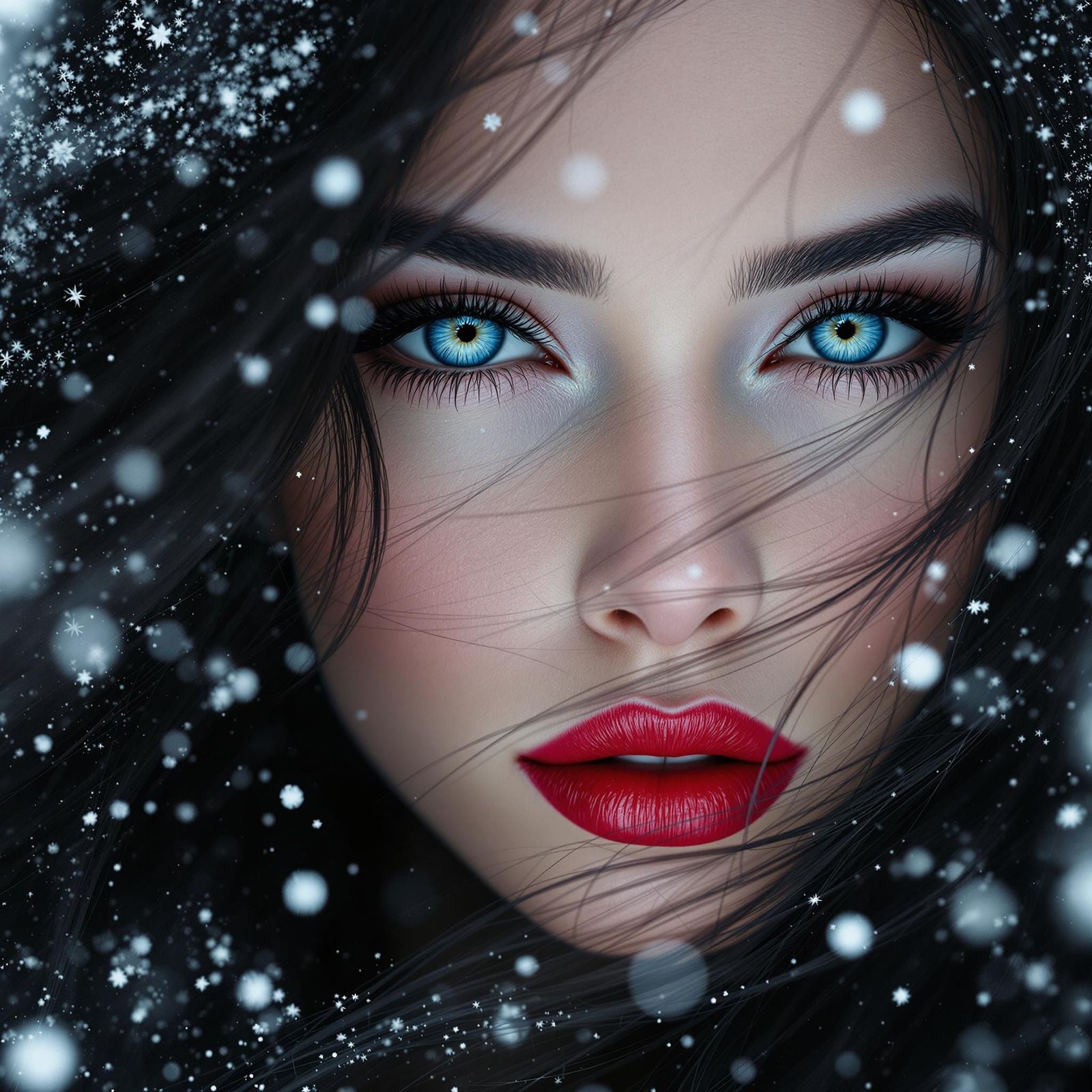 Hyperrealistic Portrait of a Raven-Haired Woman in Snow